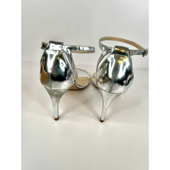 ASOS Size 8 Silver Shiny 3 Inch Ankle Strap Heels Open Toe - Picture 4 of 16